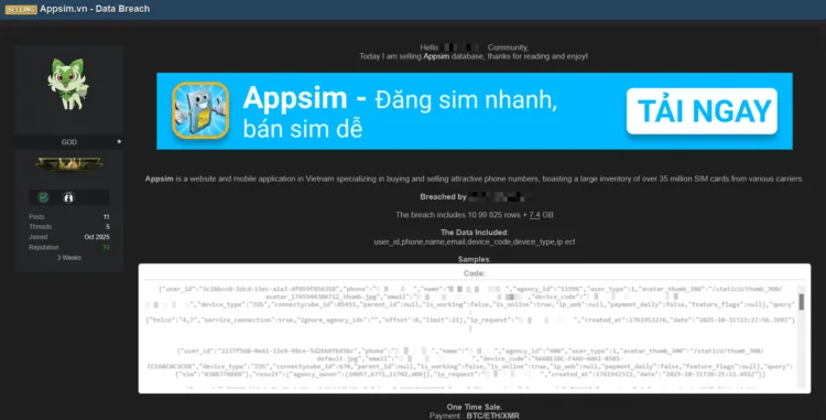 Appsim.vn Data Breach Exposes Over 1 Million Users