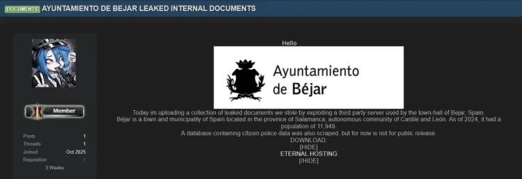 Ayuntamiento de Béjar Internal Documents Leaked Following Breach