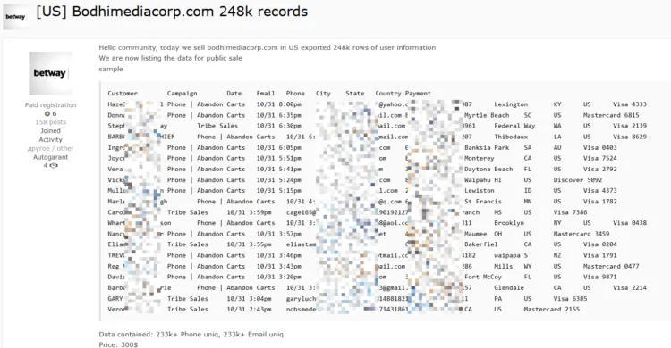 Bodhi Media Corp Data Breach: 248,000 Records Listed for Sale