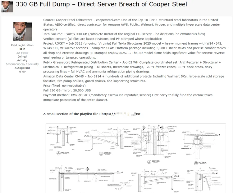 Cooper Steel Fabricators Data Breach: 330 GB of Sensitive Project Data Up for Sale