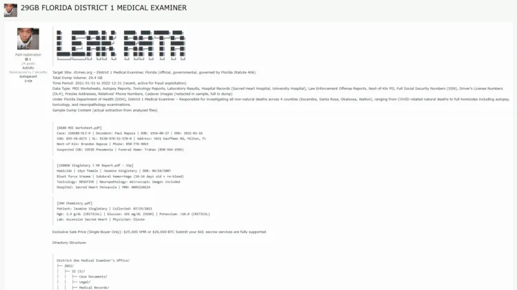 Florida District 1 Medical Examiner Suffers Major Data Breach