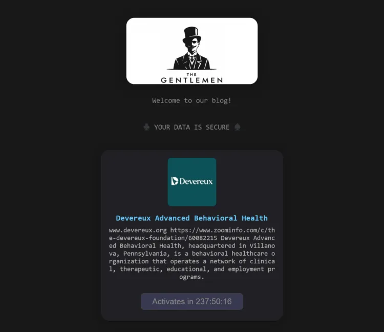 Devereux Advanced Behavioral Health Targeted by The Gentlemen Ransomware