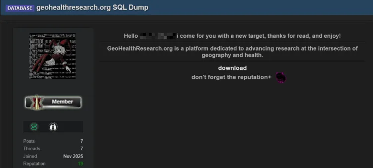 GeoHealthResearch Database Leaked by Threat Actor on Dark Web Forum