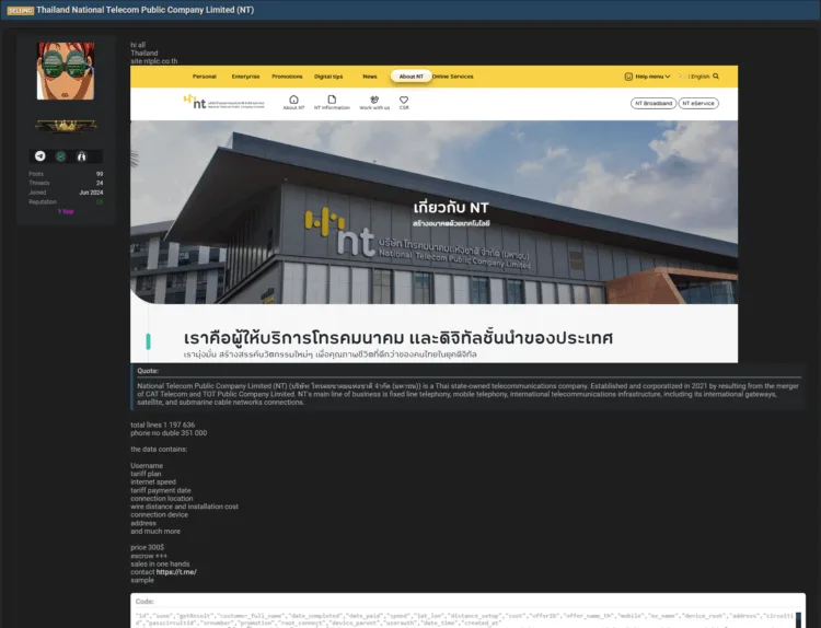 National Telecom Public Company Limited Data Breach Exposes 1.2M Records
