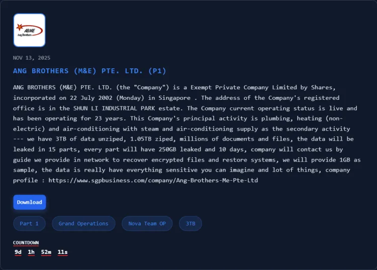 ANG BROTHERS (M&E) PTE. LTD. Data Breach by Nova Group