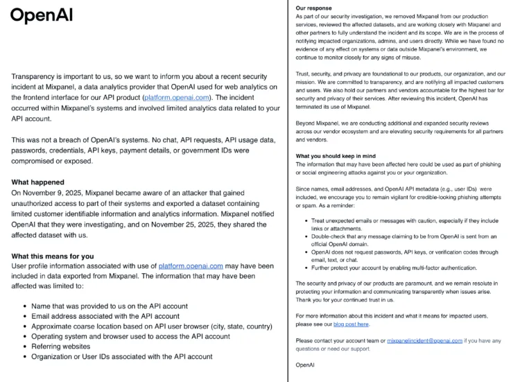 OpenAI API User Data Exposed in Mixpanel Security Breach
