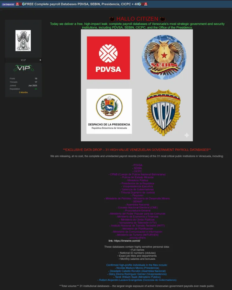 Massive Data Breach Exposes Payrolls of 31 Venezuelan Govt Agencies