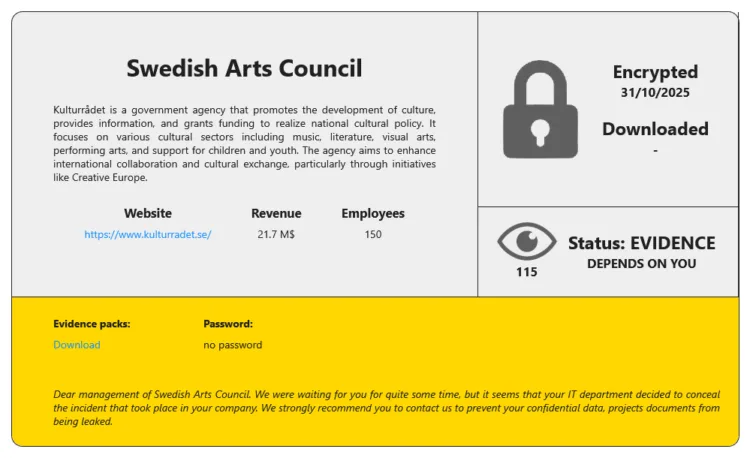 RansomHouse Group Breaches Swedish Arts Council (Kulturrådet)
