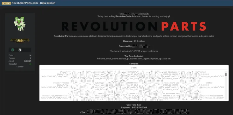 RevolutionParts Data Breach: Actor Sells 5.1 Million Customer Records