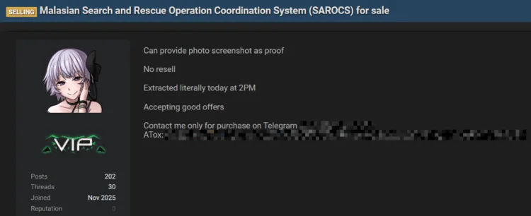 Malaysia SAROCS Data Breach: Coordination System for Sale