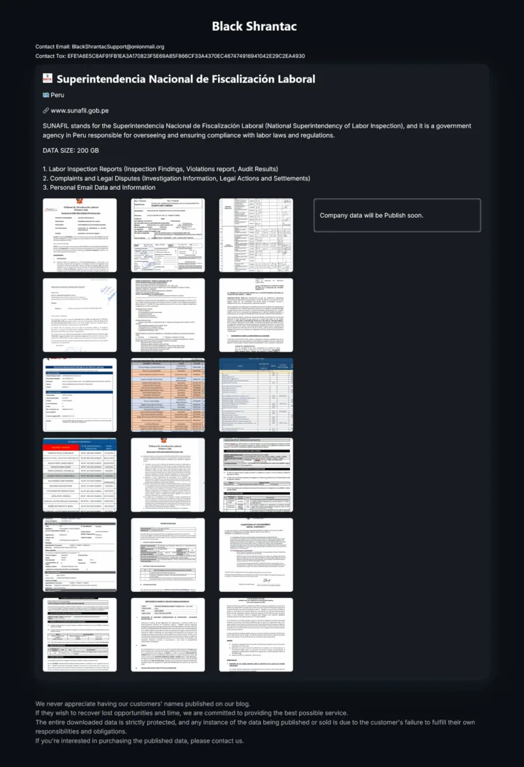 SUNAFIL Peru Hit by Black Shrantac Ransomware Group Data Breach