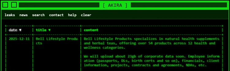 Bell Lifestyle Products Hit by Akira Ransomware