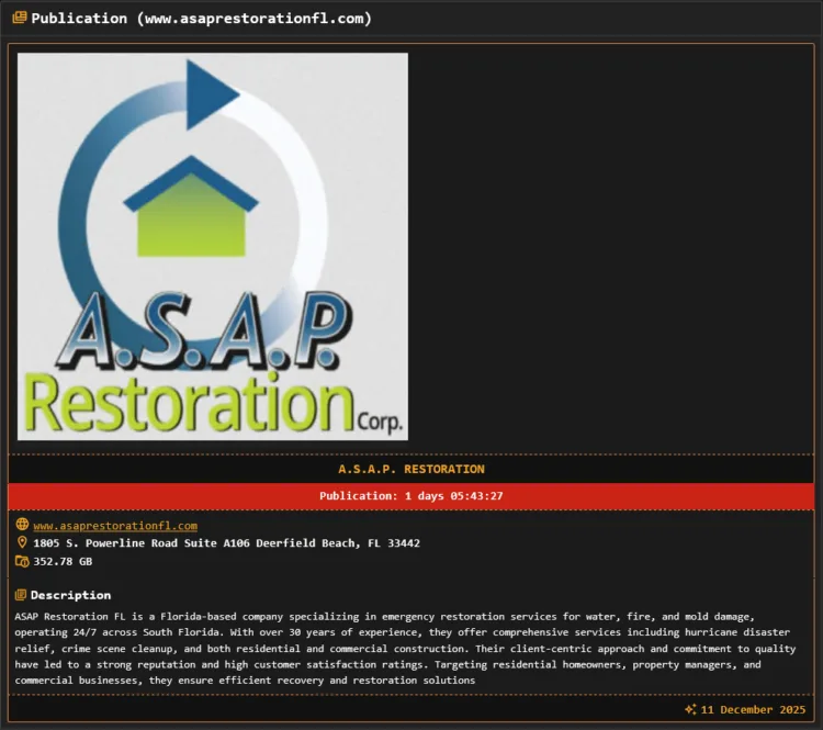 A.S.A.P. Restoration Corp. Hit by DragonForce Ransomware Attack