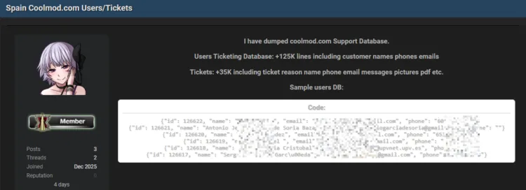 Coolmod.com Allegedly Breached Exposing Support Ticket Database