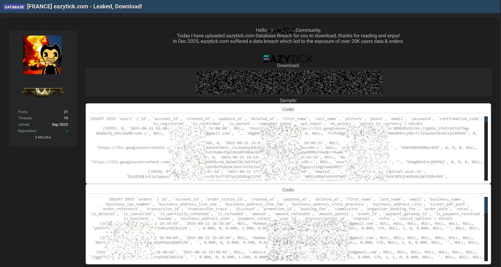 EazyTick Data Breach Exposes Over 20,000 User Records