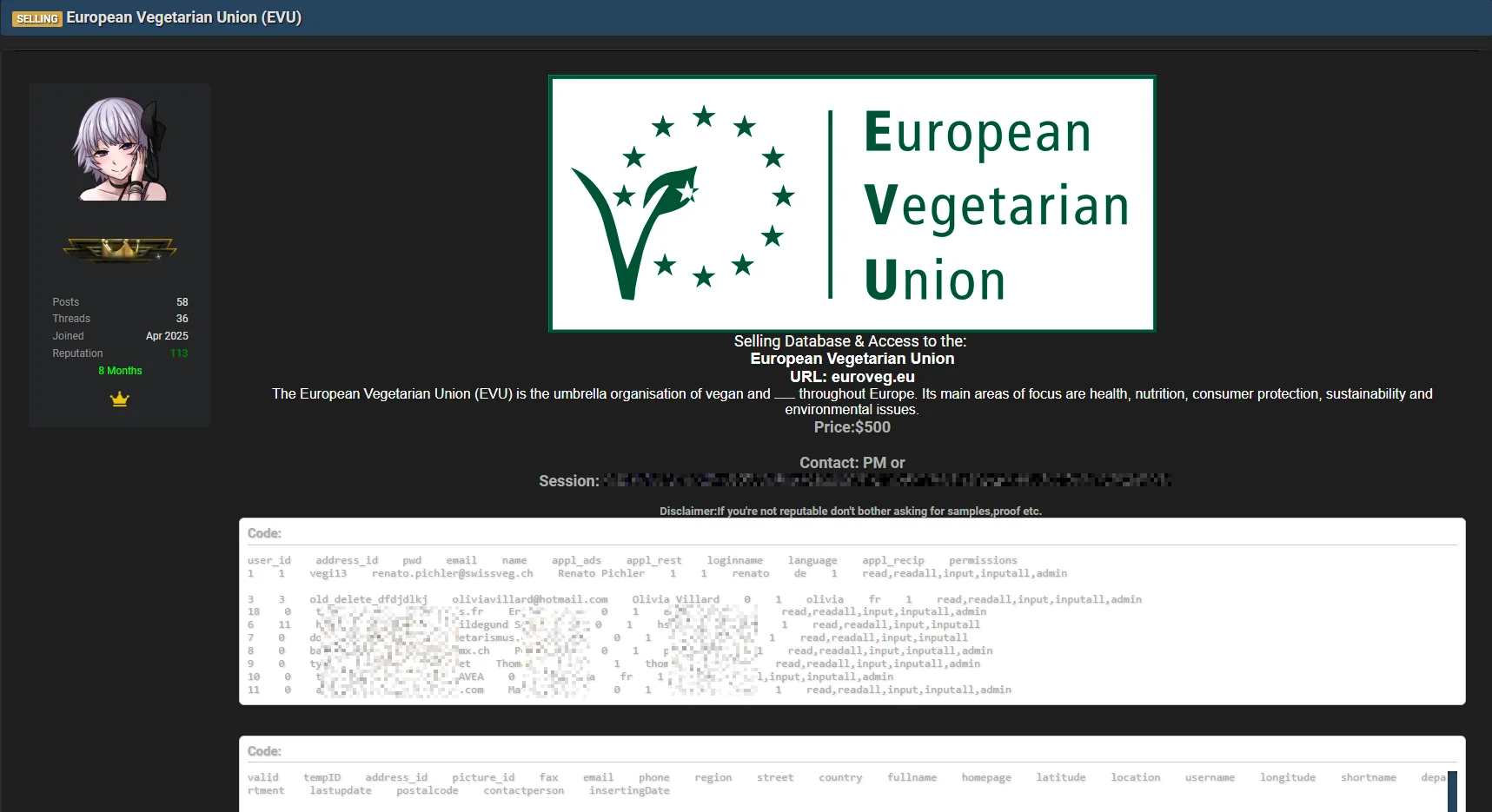 European Vegetarian Union Data Breach and Database Sale