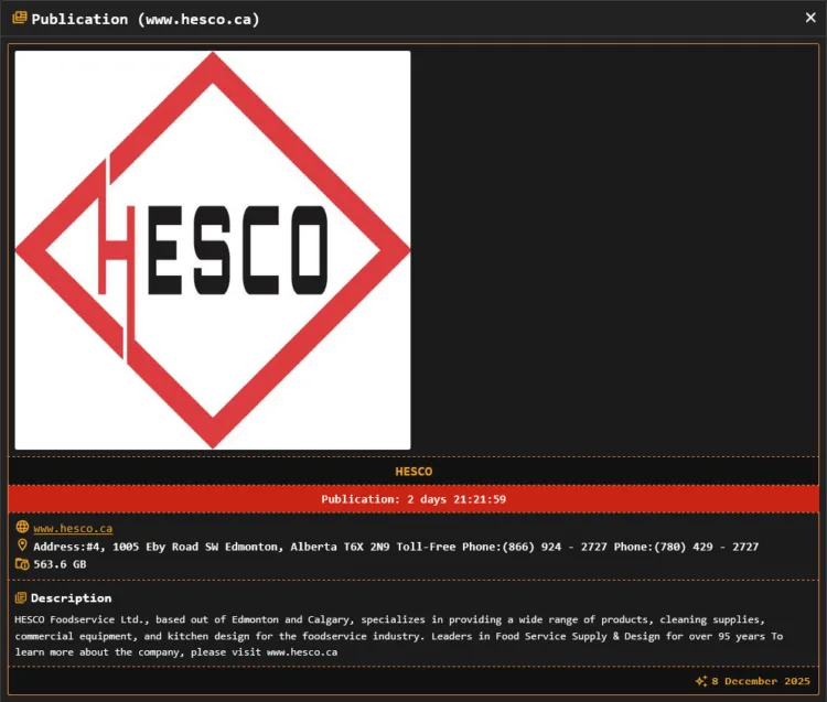 HESCO Foodservice Targeted in DragonForce Ransomware Attack