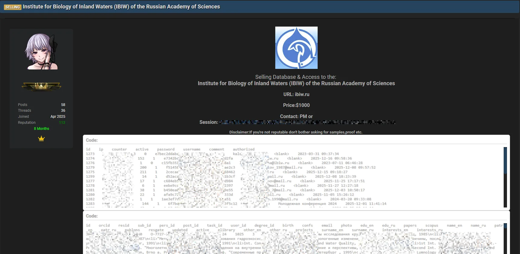Institute for Biology of Inland Waters IBIW Data Breach and Access Sale