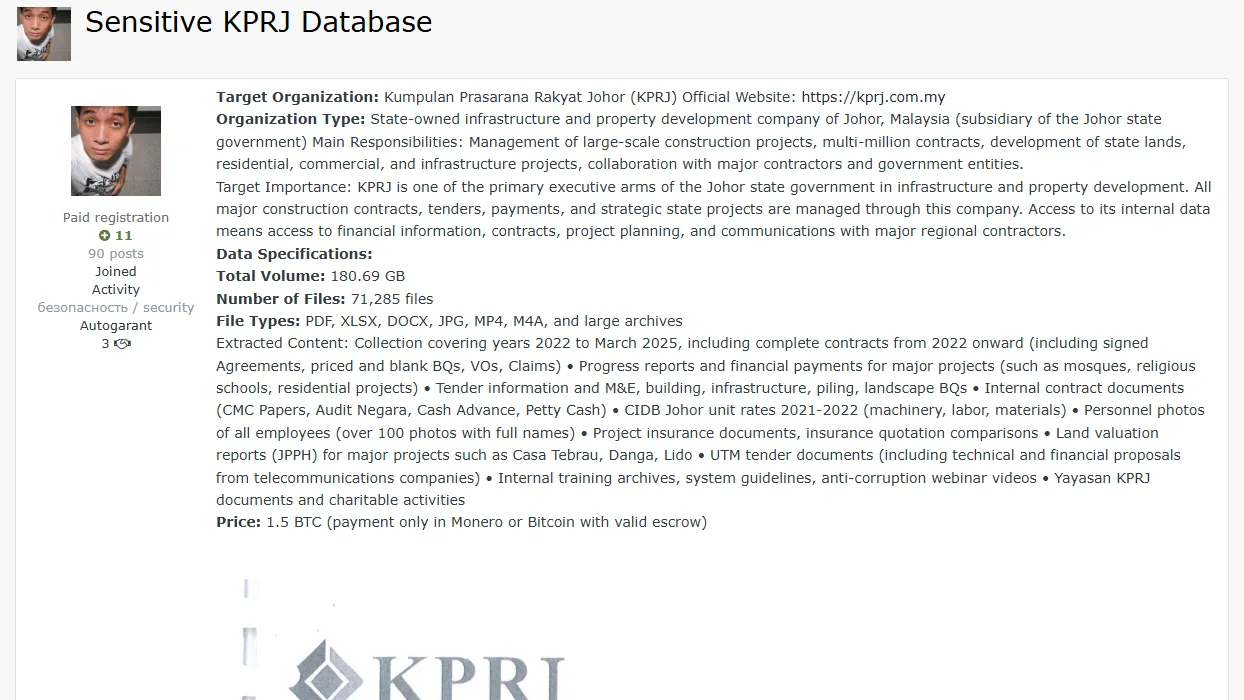 Kumpulan Prasarana Rakyat Johor (KPRJ) Data Breach: 180GB Leaked