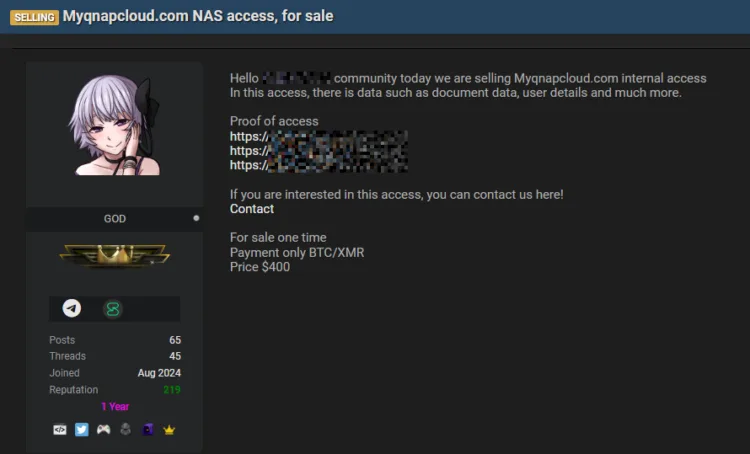 myQNAPcloud Internal Access Allegedly For Sale on Dark Web