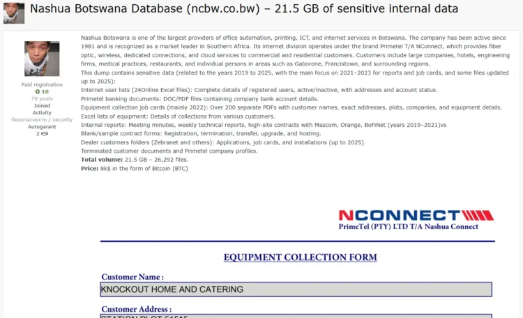 Nashua Botswana Data Breach: 21.5GB Sensitive Data for Sale