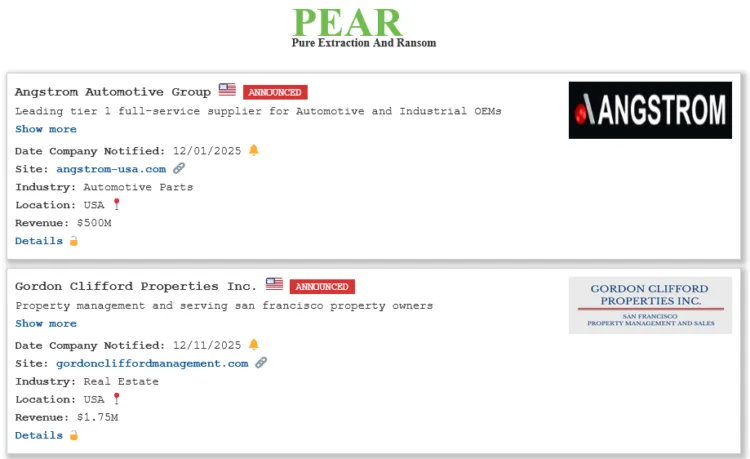 PEAR Ransomware Group Lists Angstrom Automotive and Gordon Clifford