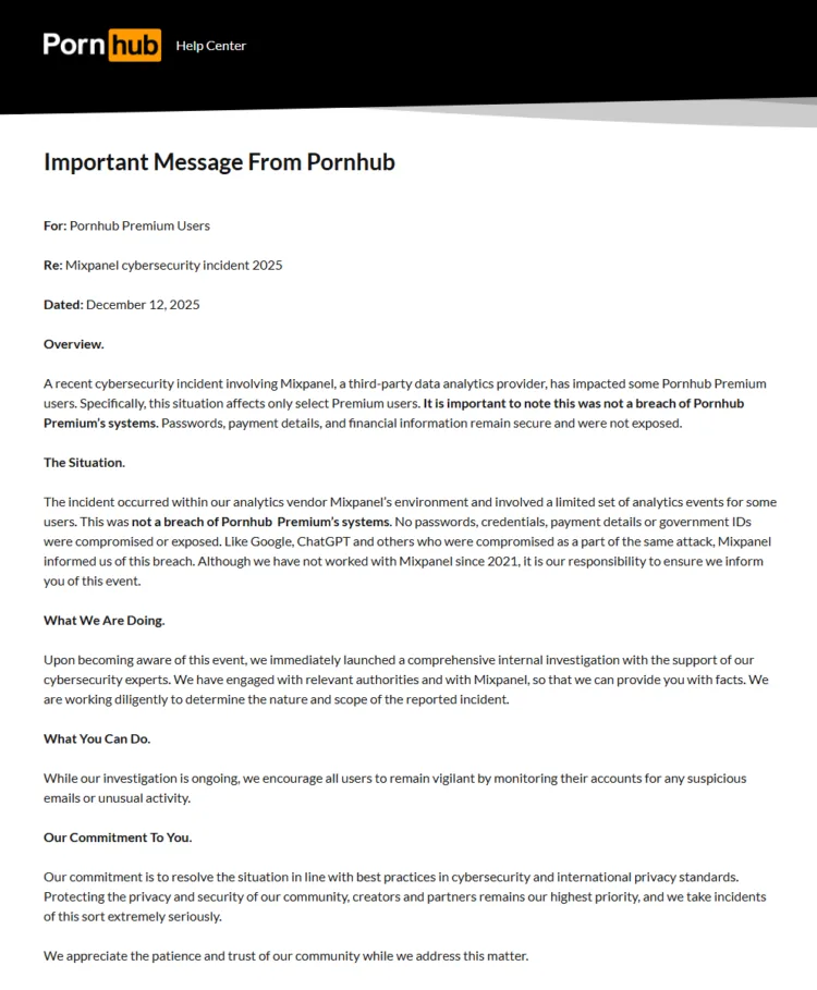 Pornhub Extorted by ShinyHunters Following Mixpanel Analytics Breach