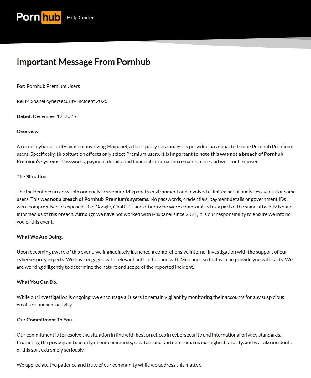 Pornhub Extorted by ShinyHunters Following Mixpanel Analytics Breach