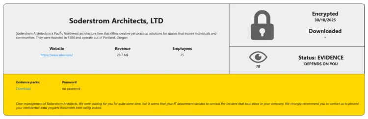 Soderstrom Architects Targeted by RansomHouse Ransomware Attack