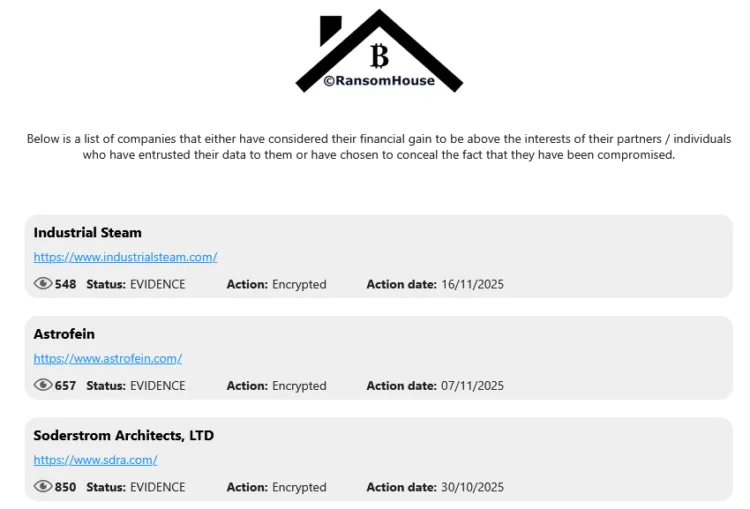 RansomHouse Targets Industrial Steam, Astrofein, Soderstrom Architects