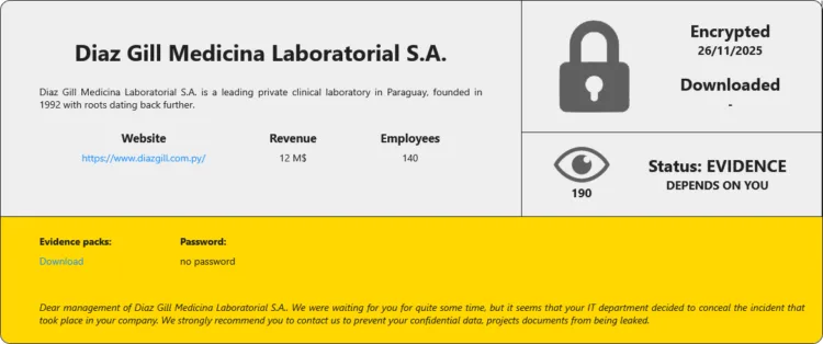 Diaz Gill Medicina Laboratorial S.A. Targeted by RansomHouse Ransomware Attack