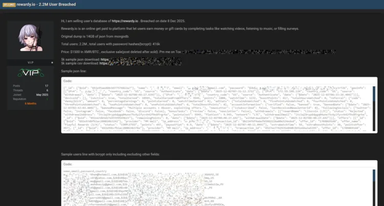 Rewardy Data Breach: 2.2 Million User Records Allegedly Stolen