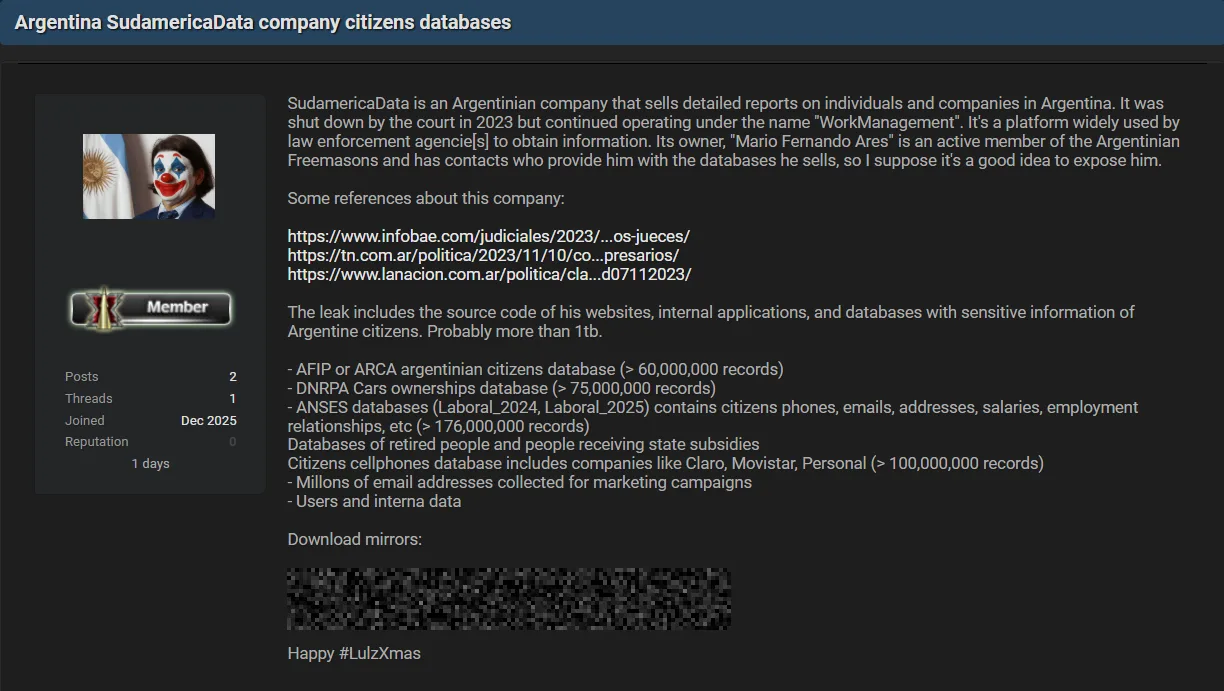 SudamericaData Breach Exposes Over 1TB of Argentine Records