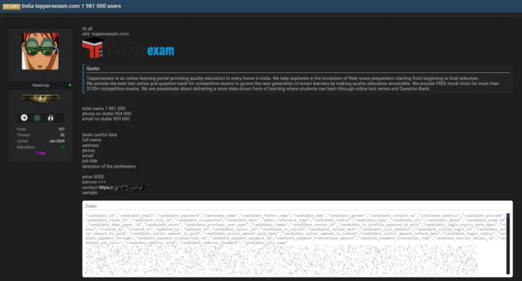 Toppersexam Data Breach Exposes 1.9 Million User Records