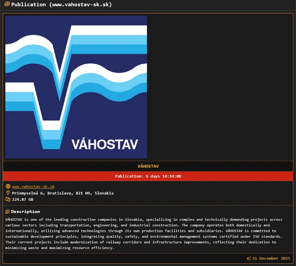 Váhostav Targeted by DragonForce Ransomware Attack