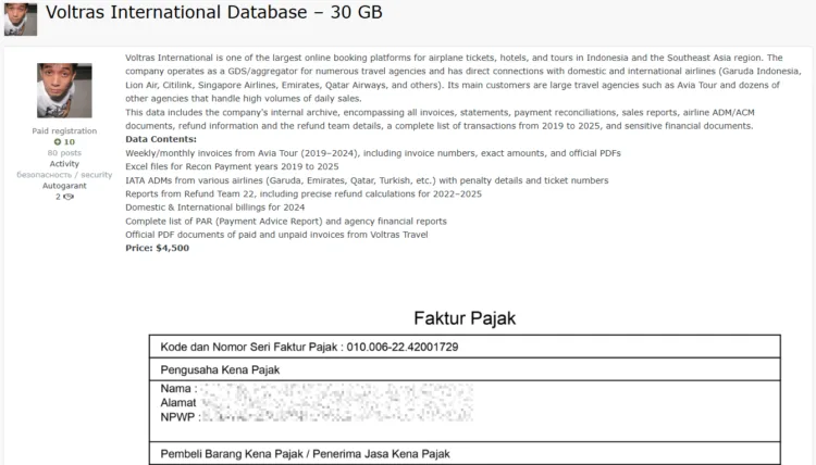 Voltras International Data Breach: 30GB Travel Database for Sale