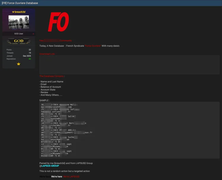 Force Ouvrière Allegedly Hit by Data Breach Exposing Member Info