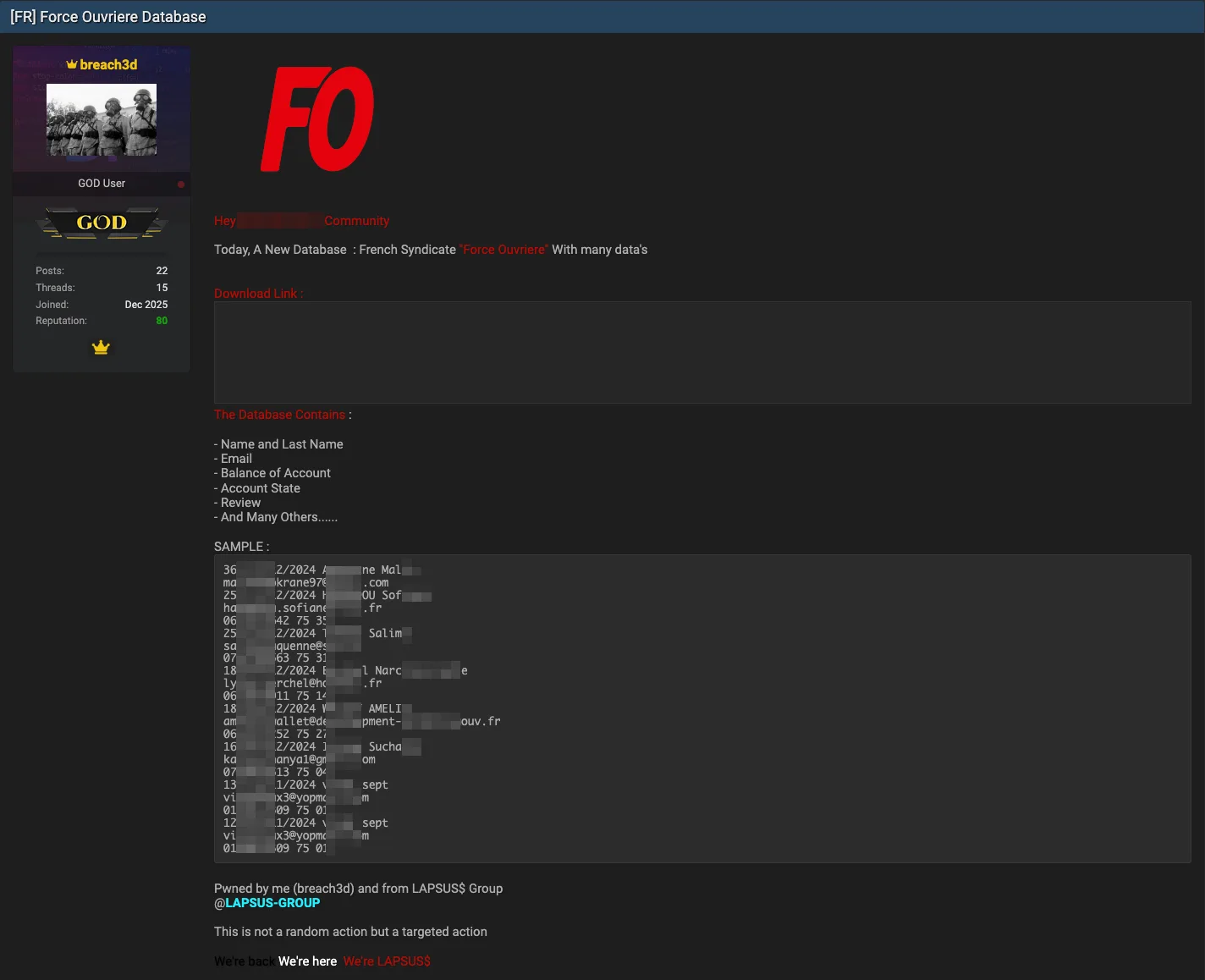 Force Ouvrière Allegedly Hit by Data Breach Exposing Member Info