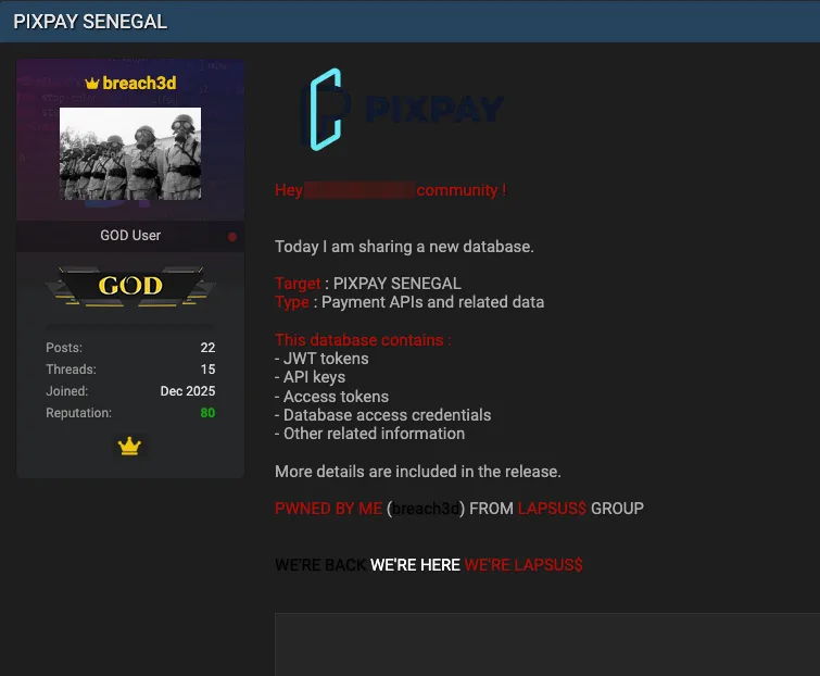 Pixpay Senegal Allegedly Breached – Payment API Data Exposed
