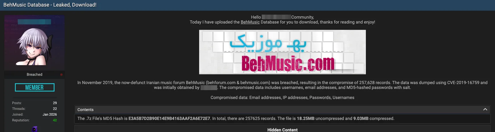 BehMusic Data Breach Exposes 257k User Records