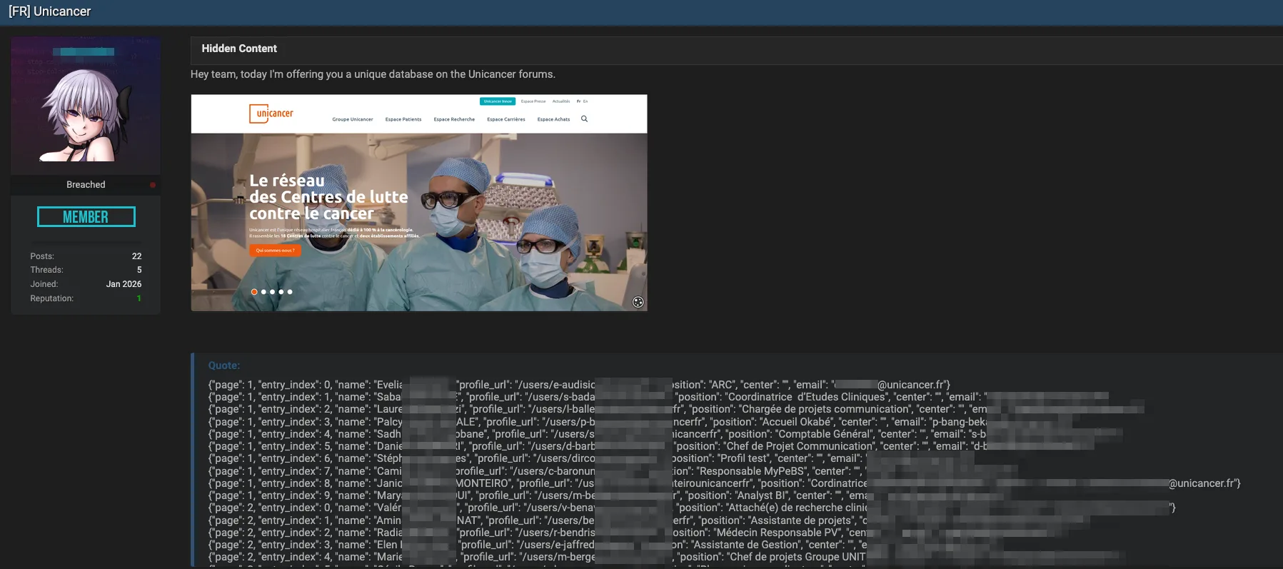 Unicancer Data Breach: Employee Database Leaked on Hacking Forum
