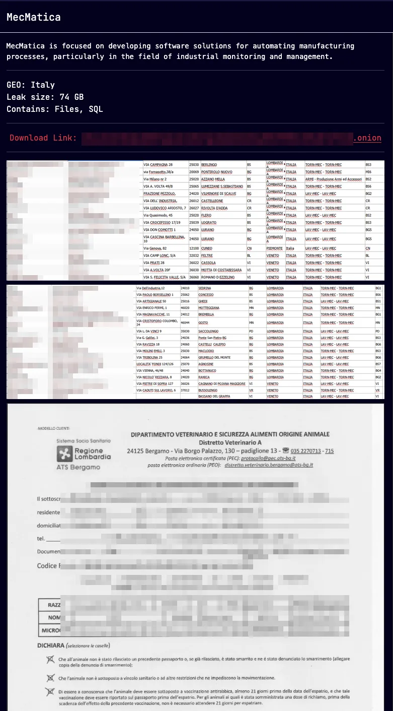 MecMatica Italy Data Breach: Sarcoma Ransomware Leak Details