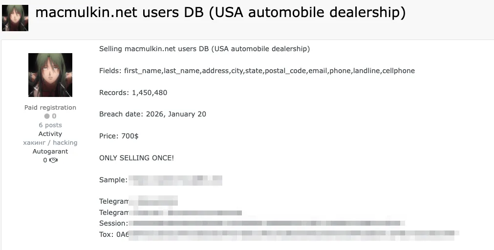 MacMulkin Chevrolet Data Breach: 1.4 Million Customer Records for Sale