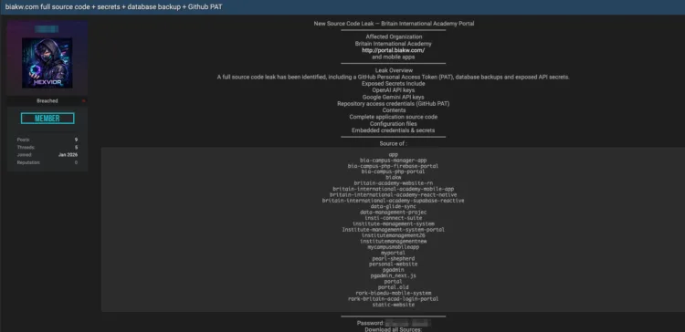 Britain International Academy Source Code Leak and Secrets Exposure