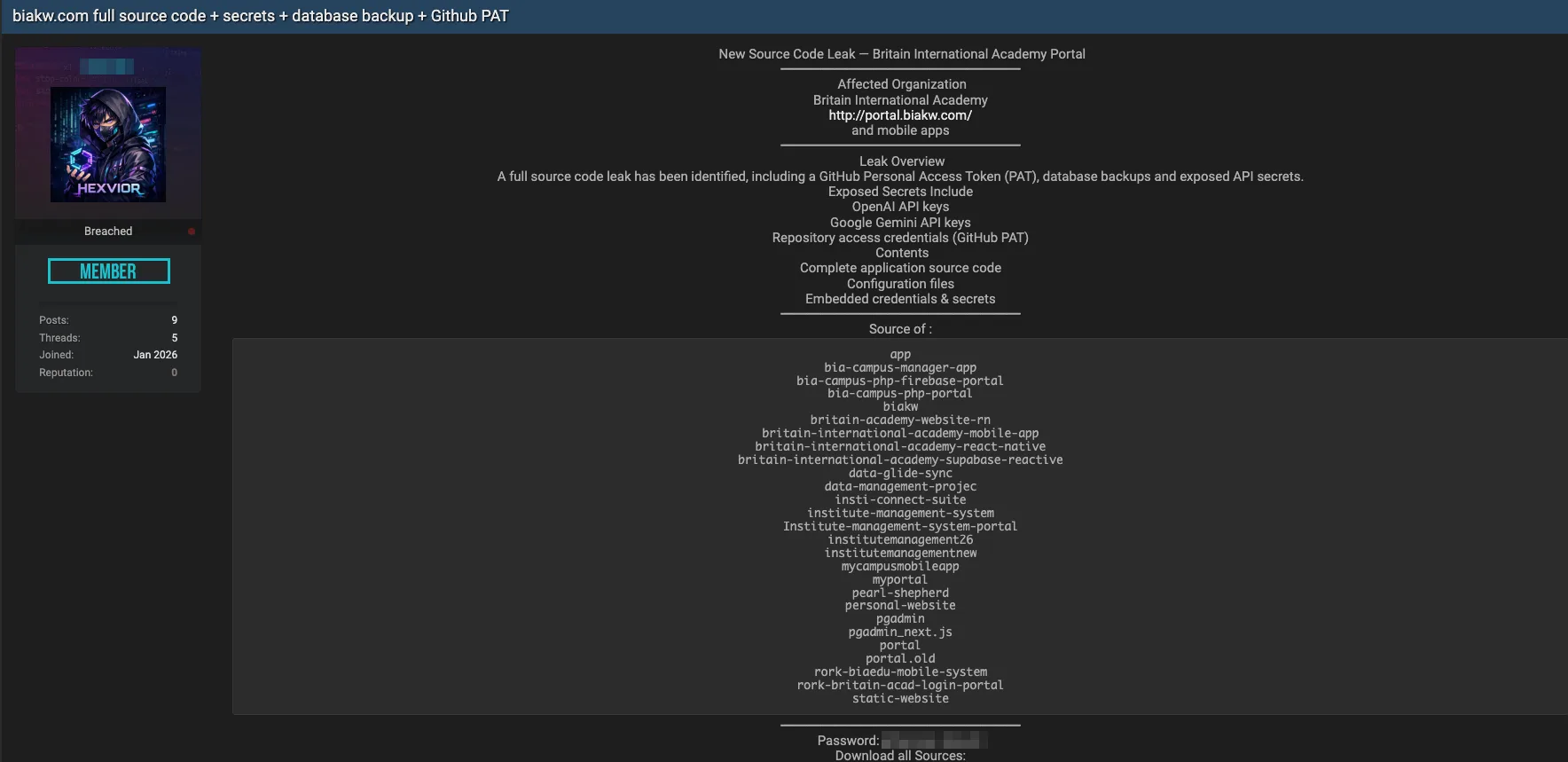 Britain International Academy Source Code Leak and Secrets Exposure