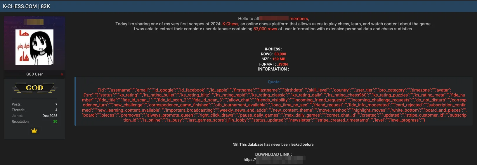 K-Chess Data Breach: 83,000 User Records Leaked from Online Platform