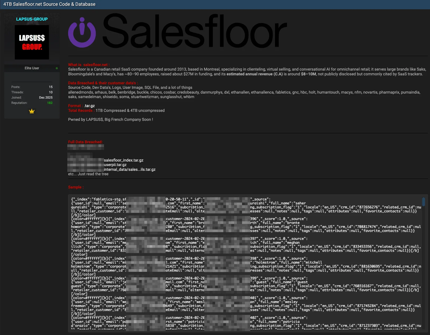 LAPSUS$ Group Breaches Salesfloor Exposing 4TB of Retail Data