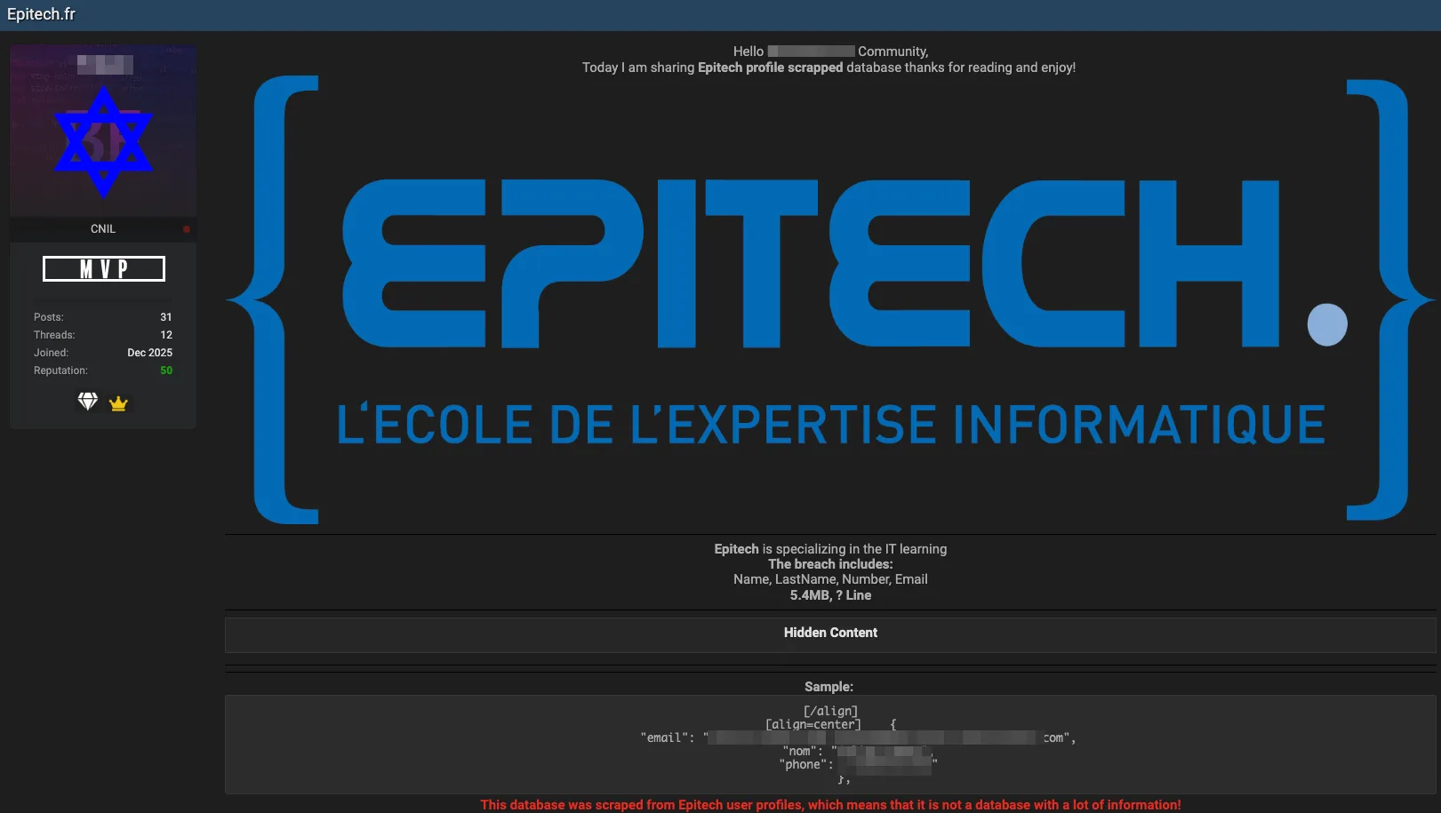 Epitech Data Breach: User Profile Database Scraped