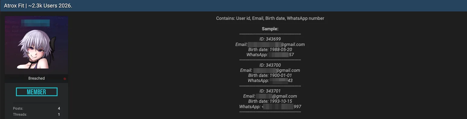 Atrox Fit Data Breach Leaks Personal Info of 2,300 Users