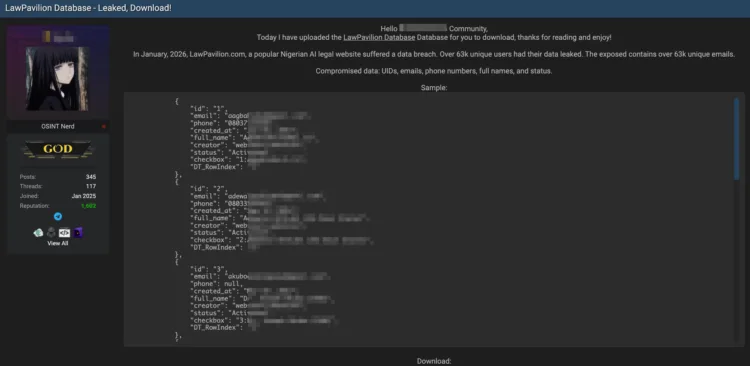 LawPavilion Data Breach: 63,000 Users Leaked from Nigerian Legal AI